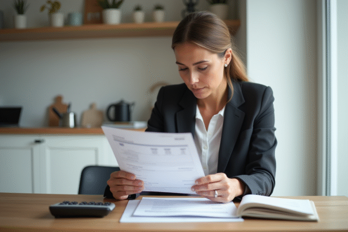 femme-gestion-budget Femme d'âge moyen vérifiant son relevé bancaire à la maison