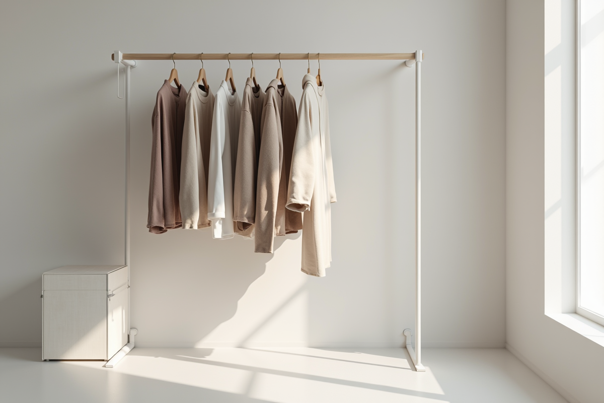 Garde-robe minimaliste avec vêtements neutres et éclairage doux