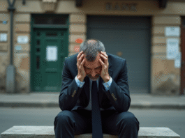 Homme d'âge moyen assis sur un banc urbain en détresse