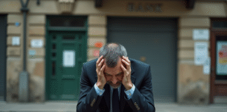 Homme d'âge moyen assis sur un banc urbain en détresse