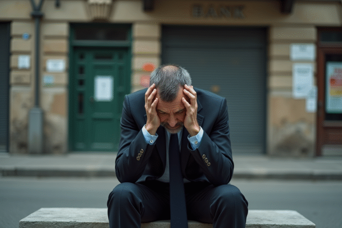 homme-annee-moyenne-souci-economique Homme d'âge moyen assis sur un banc urbain en détresse