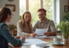 Jeune couple souriant avec un professionnel pour un prêt immobilier