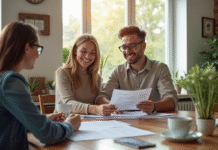 Jeune couple souriant avec un professionnel pour un prêt immobilier