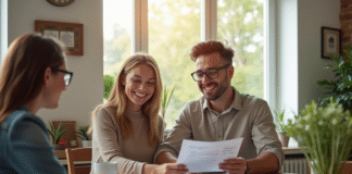 Jeune couple souriant avec un professionnel pour un prêt immobilier