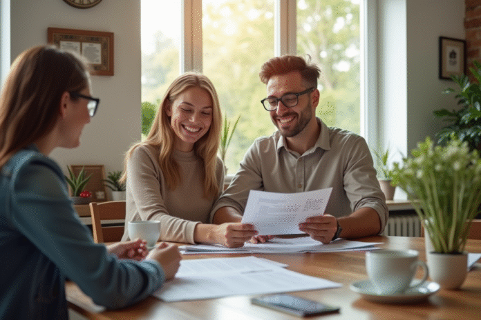 Jeune couple souriant avec un professionnel pour un prêt immobilier