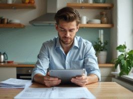 Dépenses mensuelles : Quels types de dépenses prévoir chaque mois ? Jeune homme en cuisine vérifiant ses factures et dépenses