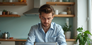 Jeune homme en cuisine vérifiant ses factures et dépenses