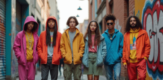 Groupe de jeunes en streetwear coloré dans la ville