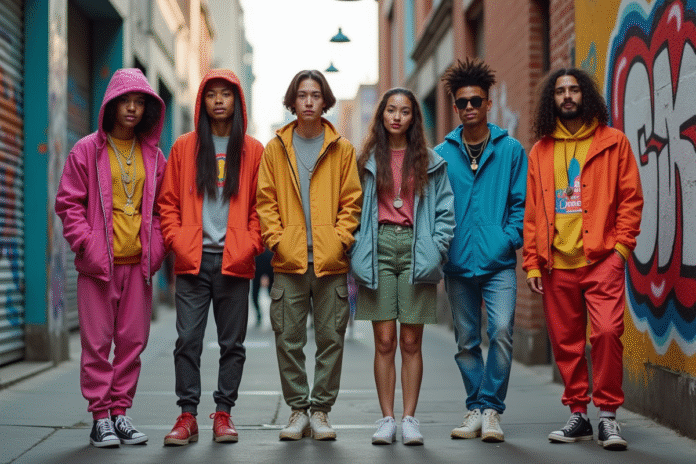 Groupe de jeunes en streetwear coloré dans la ville