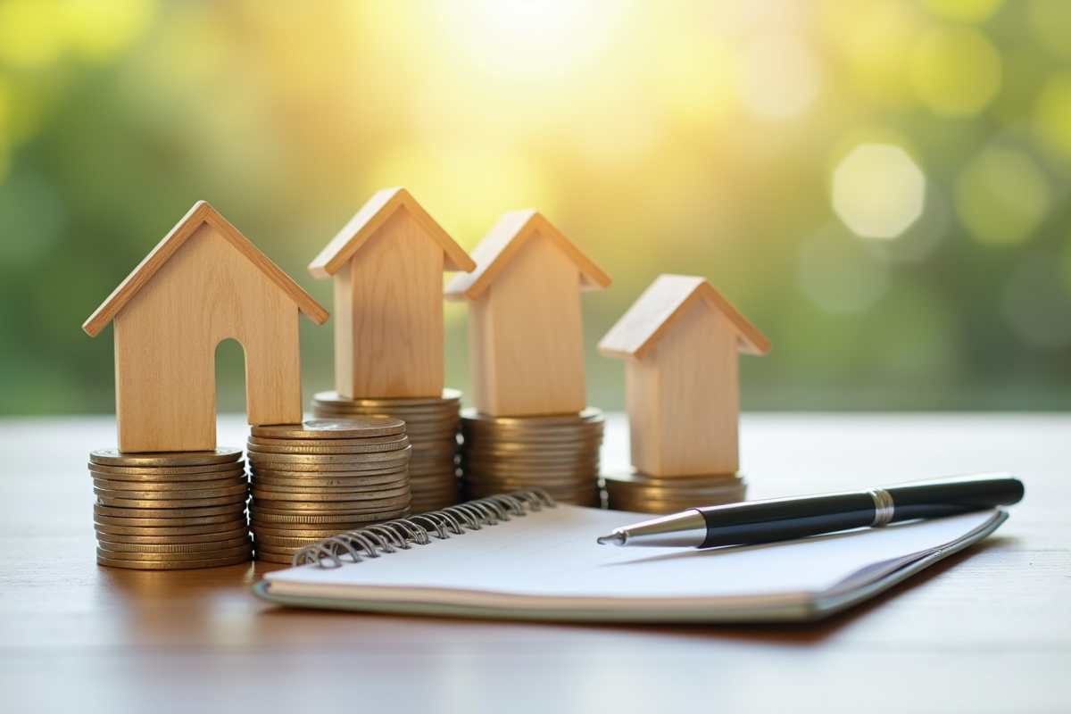 Figures de maisons en bois sur des pièces pour la planification financière