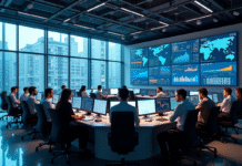 Salle de controle moderne avec écrans de données économiques