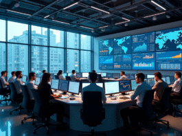 Salle de controle moderne avec écrans de données économiques