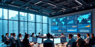 Salle de controle moderne avec écrans de données économiques