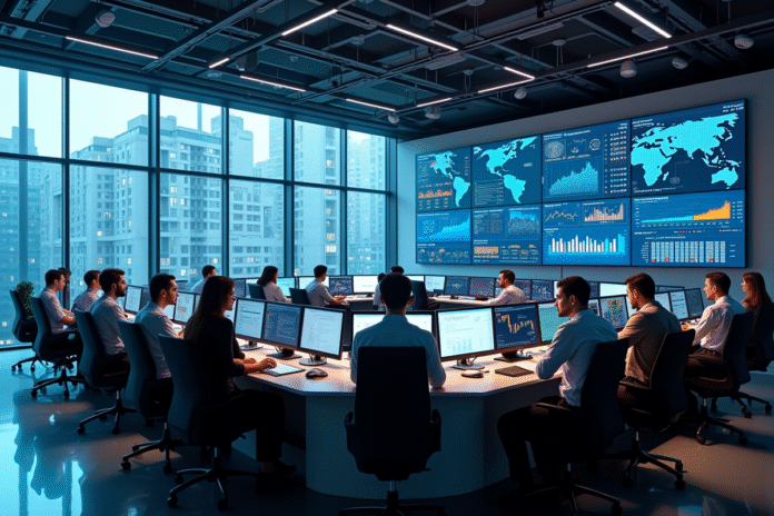 Salle de controle moderne avec écrans de données économiques
