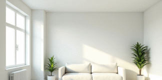 Salon lumineux avec mobilier simple et plante verte