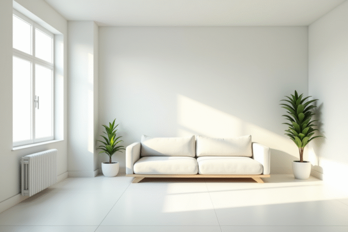 Salon lumineux avec mobilier simple et plante verte