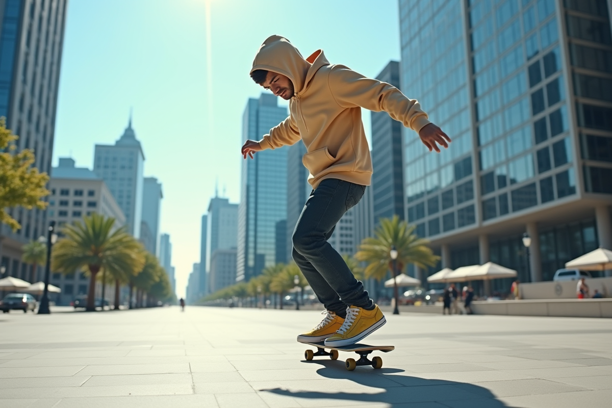 Personne en hoodie faisant du skate dans une place urbaine