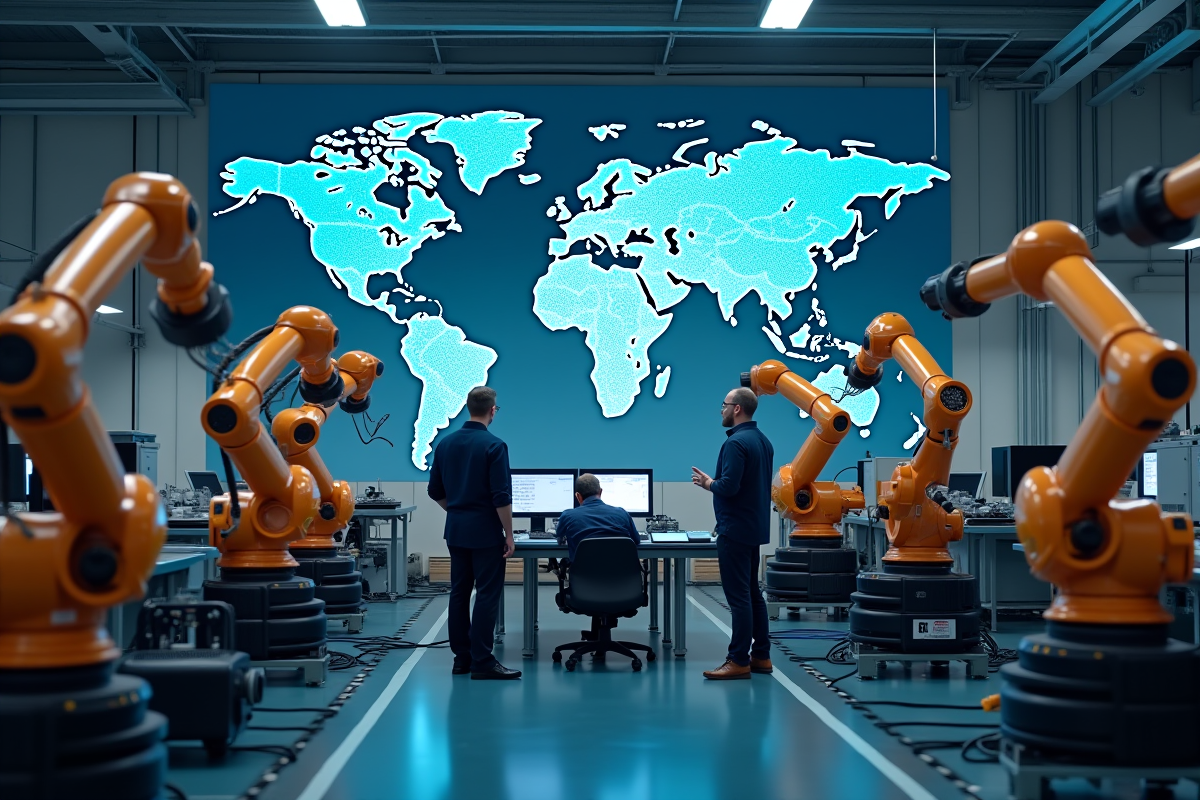 Usine automatisée avec robots assemblant des électroniques