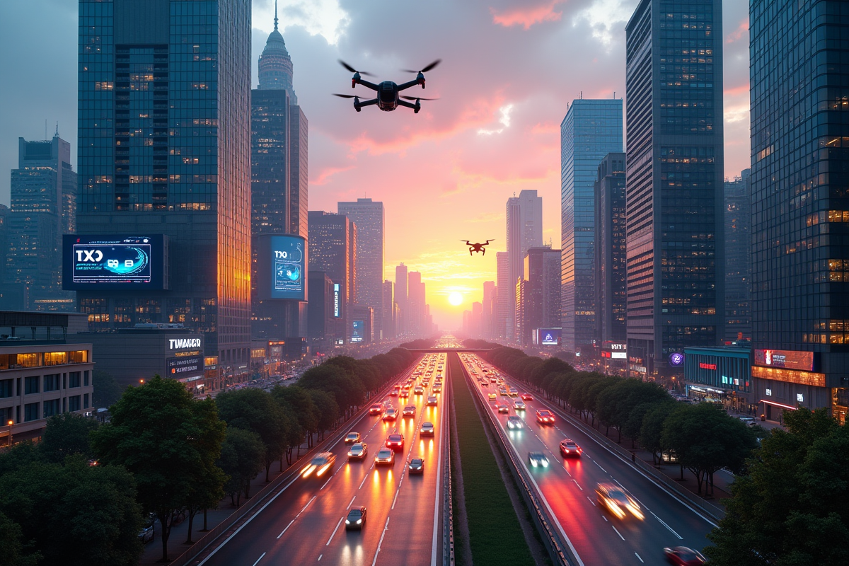 Ville futuriste au lever du soleil avec gratte-ciel et véhicules autonomes