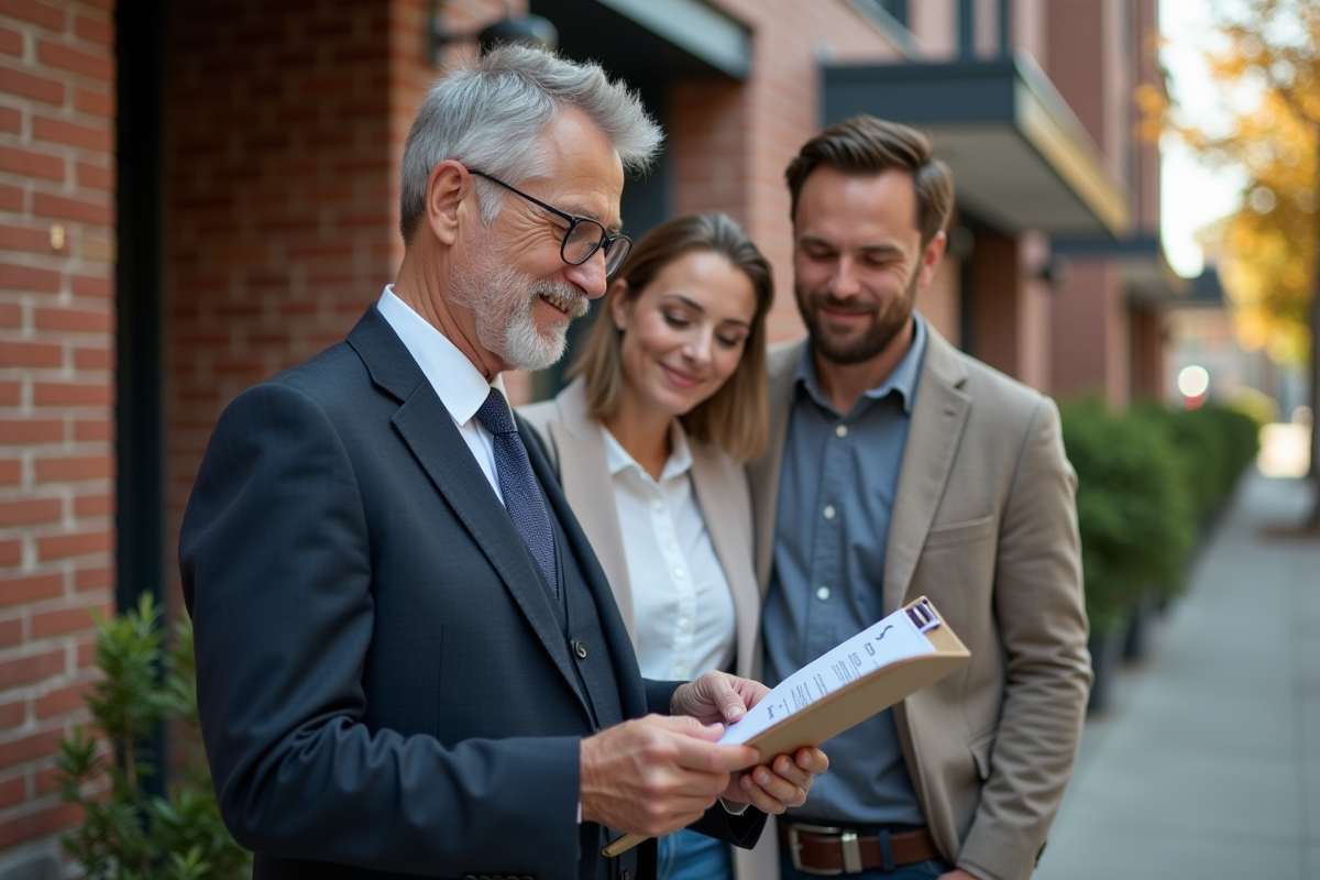 Agent immobilier remettant un document à un couple devant un immeuble