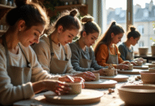 Groupe d'adultes façonnant de la poterie dans un atelier parisien