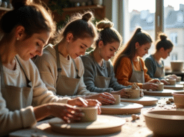 Groupe d'adultes façonnant de la poterie dans un atelier parisien