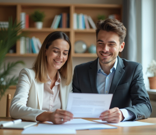 Femme et jeune homme discutant d'un contrat de location