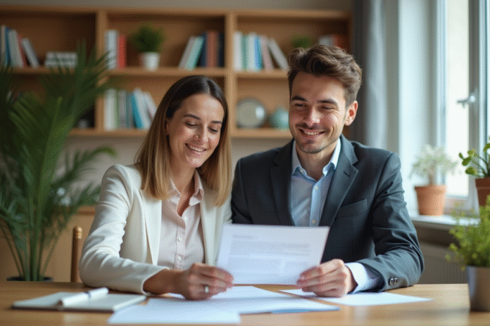 Femme et jeune homme discutant d'un contrat de location