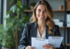Comparatif assurance automobile 2025 : le classement détaillé pour choisir la meilleure offre Femme souriante en bureau avec brochures d'assurance voiture