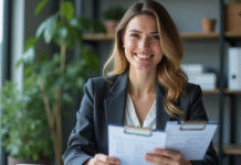 Femme souriante en bureau avec brochures d'assurance voiture