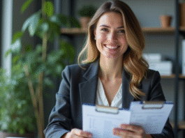 Femme souriante en bureau avec brochures d'assurance voiture