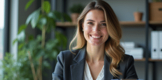 Femme souriante en bureau avec brochures d'assurance voiture
