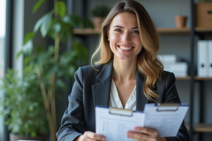 Femme souriante en bureau avec brochures d'assurance voiture