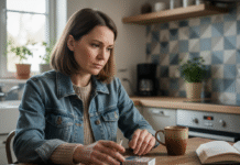 Femme en denim et neutre contemplant une cigarette électronique