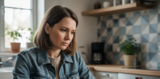 Femme en denim et neutre contemplant une cigarette électronique