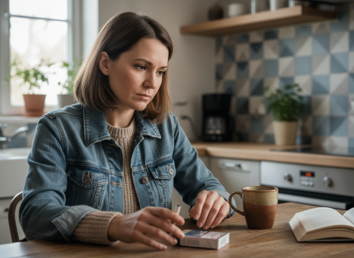 femme-ecigarette-kitchen Femme en denim et neutre contemplant une cigarette électronique