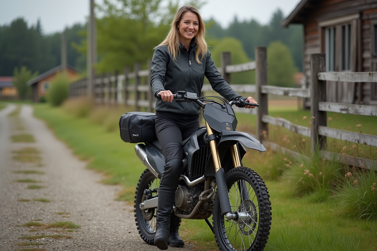 Femme motocross ajoutant un sac de rangement à sa moto