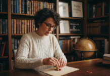 Femme apposant un cachet personnalisé sur un courrier