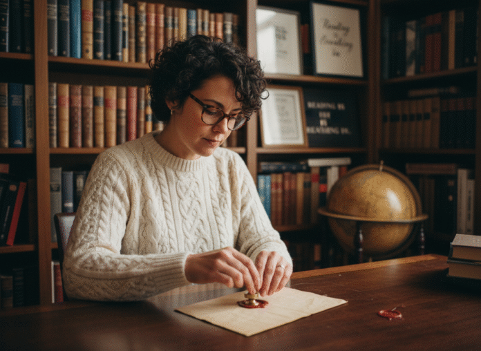 femme-seal-papier Femme apposant un cachet personnalisé sur un courrier