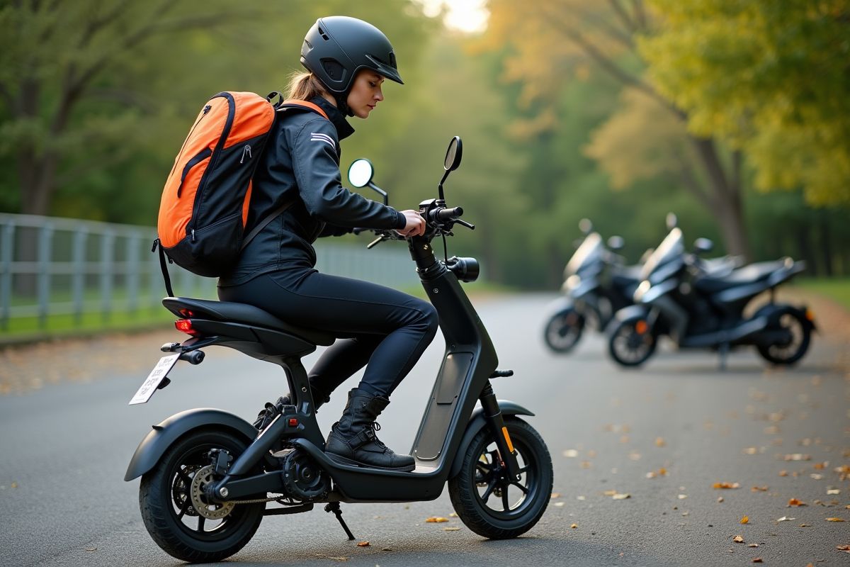 Femme en équipement technique attachant son sac à dos sur scooter