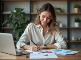Femme concentrée prenant des notes au bureau