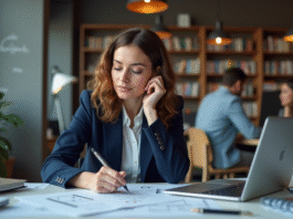 Femme confiante au bureau tech moderne en blazer navy