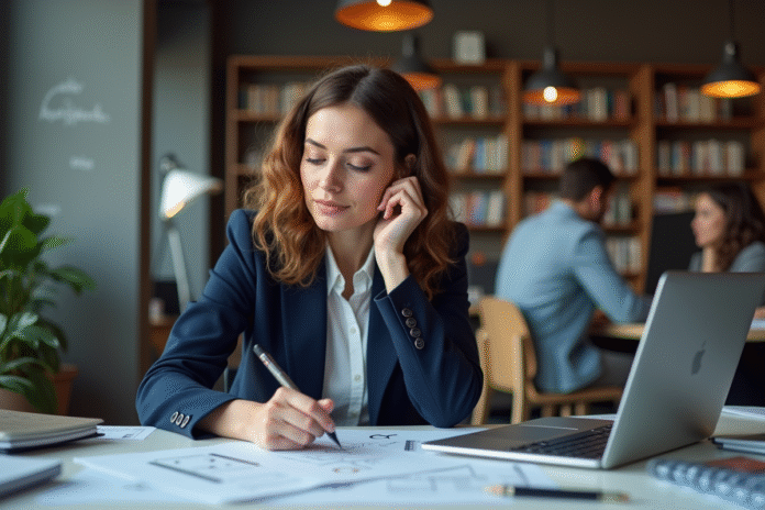 femme-travail-tech-office Femme confiante au bureau tech moderne en blazer navy
