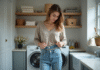 Jean : quelle fréquence idéale pour le laver ? Astuces et conseils Femme inspectant ses jeans en buanderie moderne