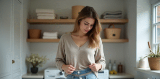 Jean : quelle fréquence idéale pour le laver ? Astuces et conseils Femme inspectant ses jeans en buanderie moderne