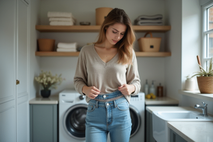 femme-vetements-denim-laundry Femme inspectant ses jeans en buanderie moderne