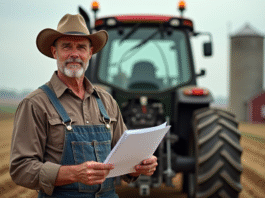 Ferme avec fermier et tracteur pour assurance agricole