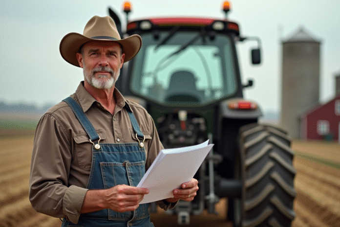 Ferme avec fermier et tracteur pour assurance agricole