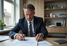 Homme d'affaires en costume examine des documents immobiliers