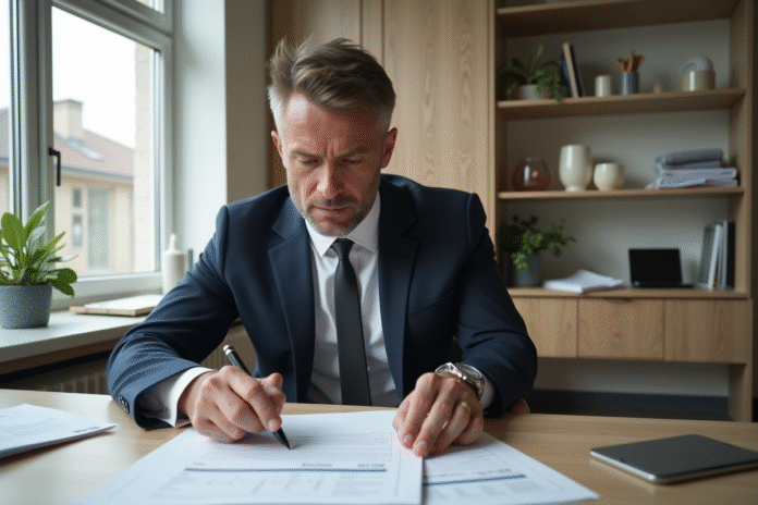 Homme d'affaires en costume examine des documents immobiliers